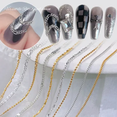 Punk Nagelschmuck Ohrstecker Linie 3D Metall Nagelkette Charms Dekoration für Frauen Mädchen Nail Art DIY